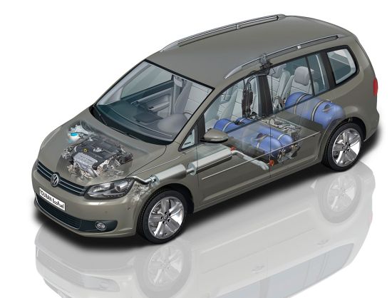 VW Touran 1.4 TSI EcoFuel: Beispiel Aufbau Erdgasanlage im Fahrzeug (Quelle: VW)