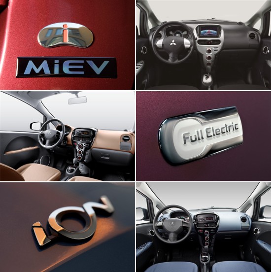 Mitsubishi i-MiEV, Citroen C-Zero, Peugeot iOn: Embleme und Interieur (Quelle: MITSUBISHI, CITROEN, PEUGEOT)