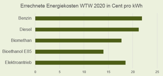 Errechnete Energiekosten WTW in Cent pro kWh im Jahr 2020